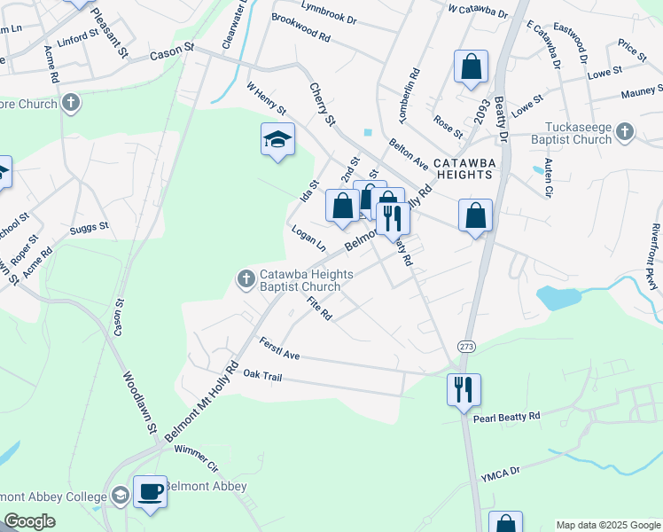 map of restaurants, bars, coffee shops, grocery stores, and more near 500 Belmont Mount Holly Road in Belmont