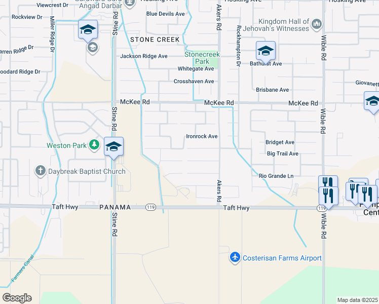 map of restaurants, bars, coffee shops, grocery stores, and more near 4305 Sierra Madre Avenue in Bakersfield