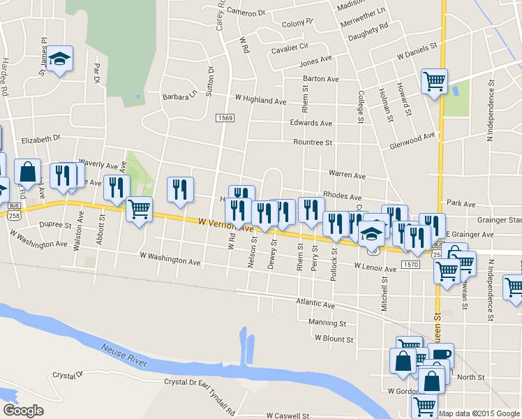 map of restaurants, bars, coffee shops, grocery stores, and more near 815 Nelson Street in Kinston