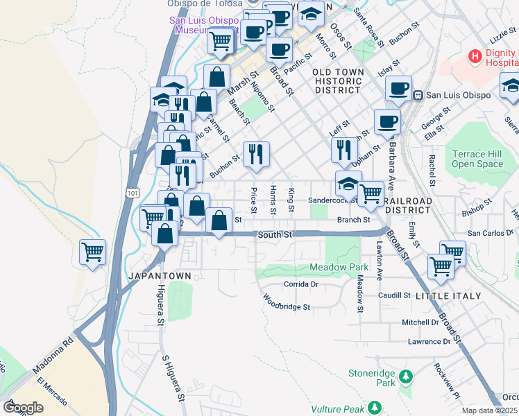 map of restaurants, bars, coffee shops, grocery stores, and more near 355 Sandercock Street in San Luis Obispo