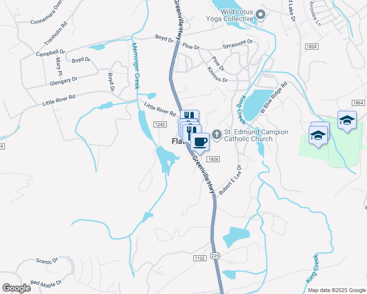 map of restaurants, bars, coffee shops, grocery stores, and more near in Flat Rock