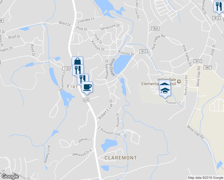 map of restaurants, bars, coffee shops, grocery stores, and more near 64 Robert E Lee Drive in Flat Rock