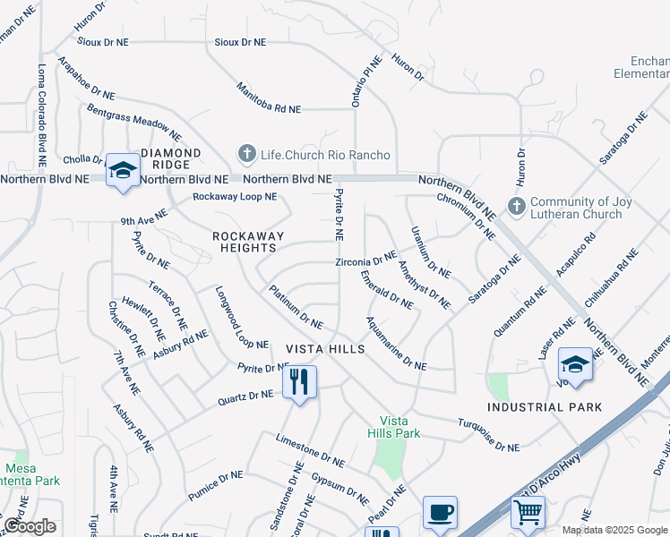 map of restaurants, bars, coffee shops, grocery stores, and more near 544 Pyrite Drive Northeast in Rio Rancho