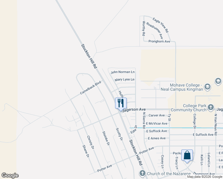 map of restaurants, bars, coffee shops, grocery stores, and more near 5121 Huffman Drive in Kingman