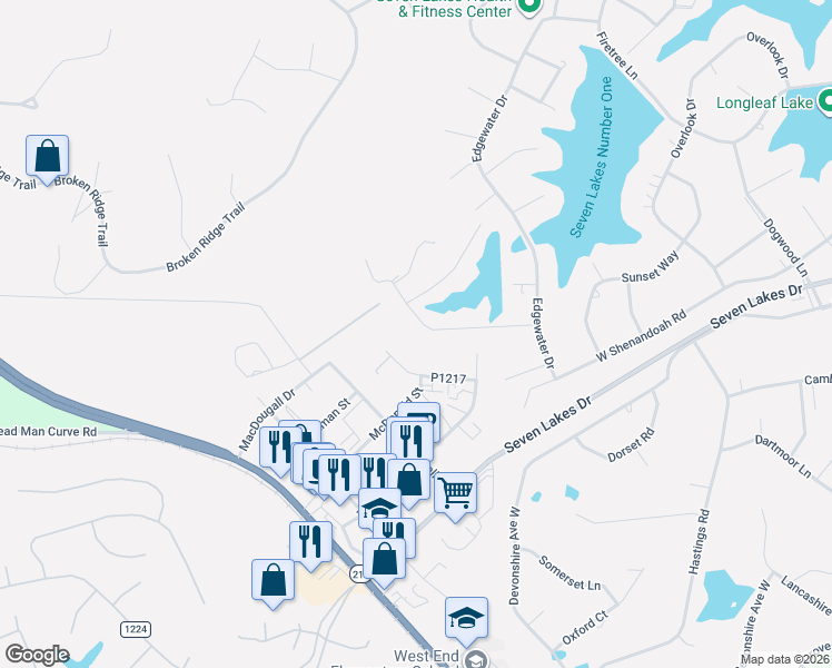 map of restaurants, bars, coffee shops, grocery stores, and more near 135 Shagbark Road in Seven Lakes