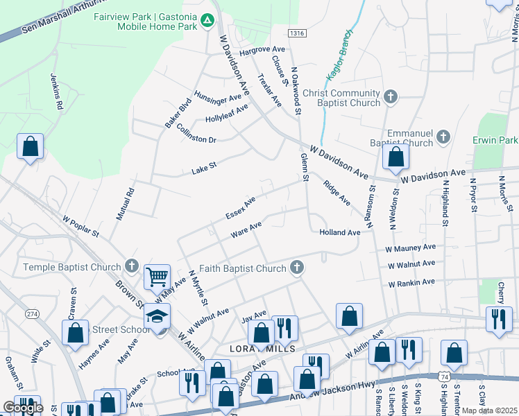 map of restaurants, bars, coffee shops, grocery stores, and more near 1301 Essex Avenue in Gastonia