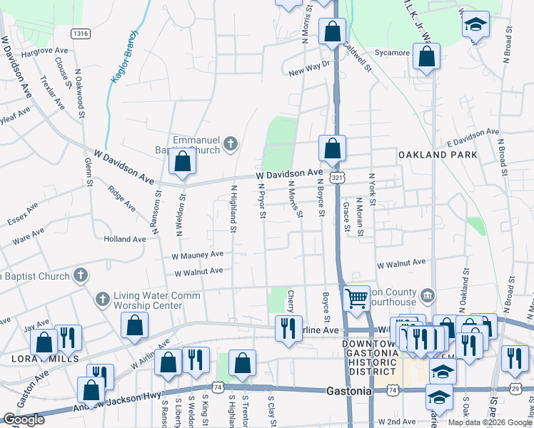 map of restaurants, bars, coffee shops, grocery stores, and more near 508 North Pryor Street in Gastonia