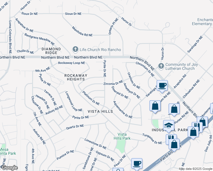 map of restaurants, bars, coffee shops, grocery stores, and more near 544 Pyrite Drive Northeast in Rio Rancho