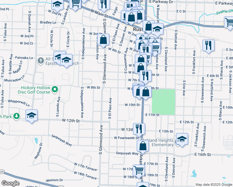 map of restaurants, bars, coffee shops, grocery stores, and more near 814 South Denver Avenue in Russellville