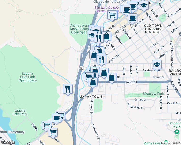 map of restaurants, bars, coffee shops, grocery stores, and more near 236 Higuera Street in San Luis Obispo
