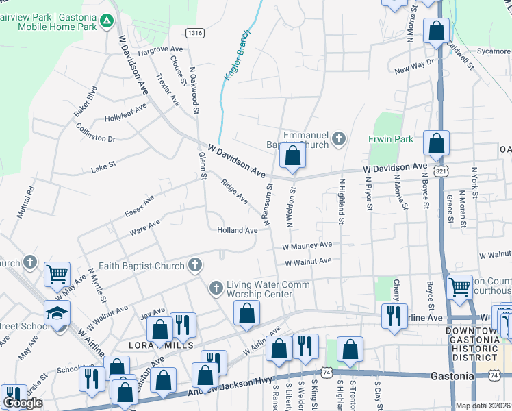 map of restaurants, bars, coffee shops, grocery stores, and more near 1016 Ridge Avenue in Gastonia