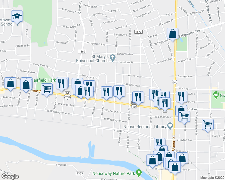 map of restaurants, bars, coffee shops, grocery stores, and more near 900 Rhem Street in Kinston