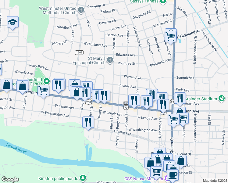 map of restaurants, bars, coffee shops, grocery stores, and more near 903 Rhem Street in Kinston
