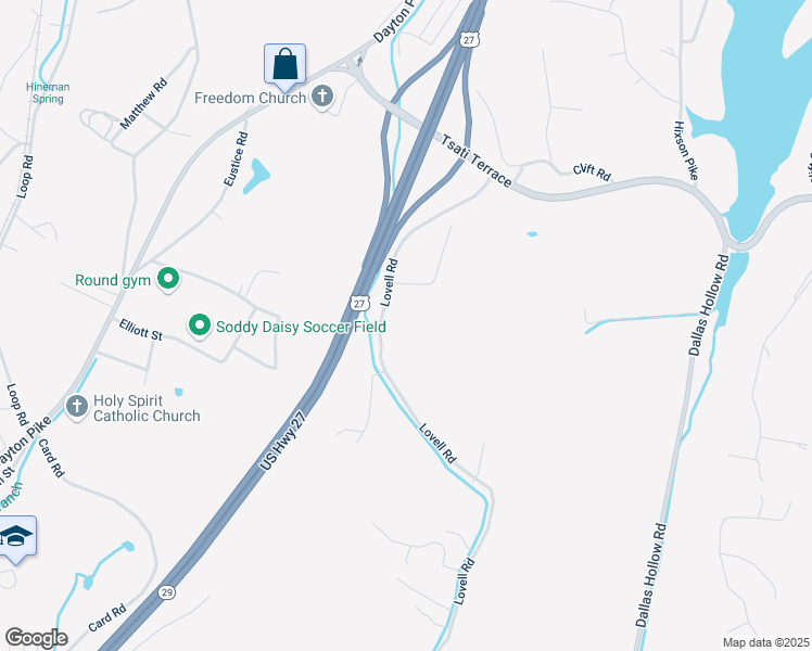 map of restaurants, bars, coffee shops, grocery stores, and more near 11002 Lovell Rd in Soddy-Daisy