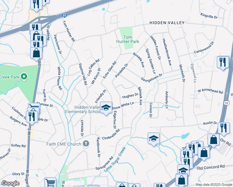 map of restaurants, bars, coffee shops, grocery stores, and more near 1015 Pondella Drive in Charlotte