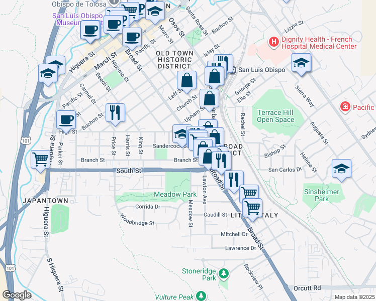 map of restaurants, bars, coffee shops, grocery stores, and more near 661 Sandercock Street in San Luis Obispo