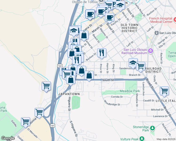 map of restaurants, bars, coffee shops, grocery stores, and more near 221 Sandercock Street in San Luis Obispo