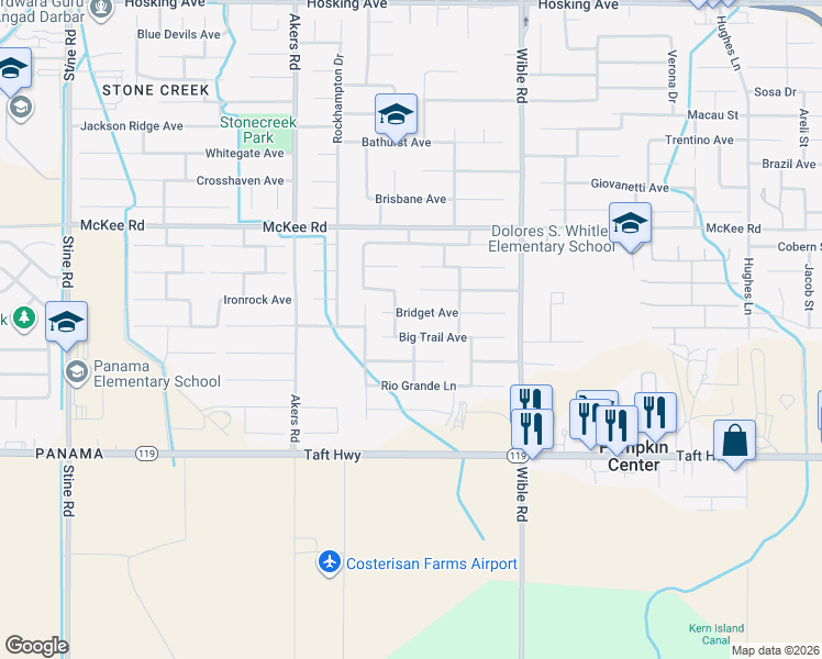 map of restaurants, bars, coffee shops, grocery stores, and more near 3600 Big Trail Avenue in Bakersfield