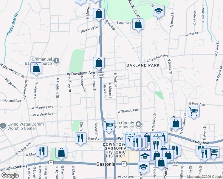 map of restaurants, bars, coffee shops, grocery stores, and more near 715 North York Street in Gastonia