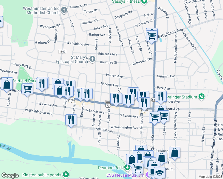 map of restaurants, bars, coffee shops, grocery stores, and more near 907 Pollock Street in Kinston