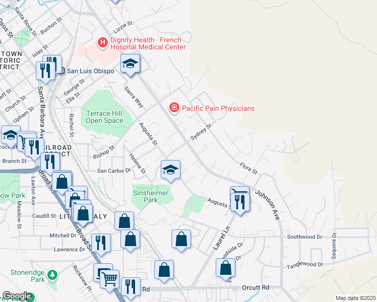 map of restaurants, bars, coffee shops, grocery stores, and more near 2565 Johnson Avenue in San Luis Obispo