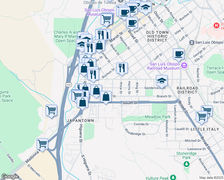 map of restaurants, bars, coffee shops, grocery stores, and more near 2108 Cypress Street in San Luis Obispo