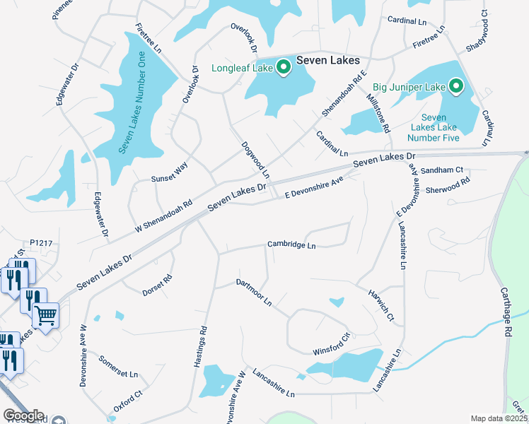 map of restaurants, bars, coffee shops, grocery stores, and more near 105 Devonshire Avenue West in Seven Lakes