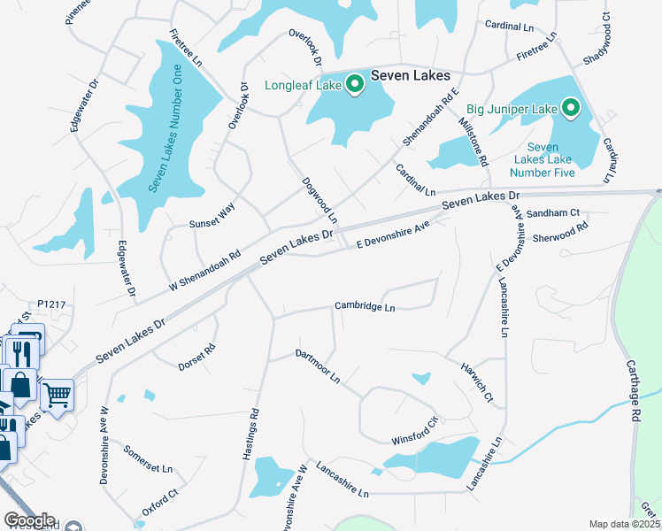 map of restaurants, bars, coffee shops, grocery stores, and more near 105 Devonshire Avenue West in Seven Lakes