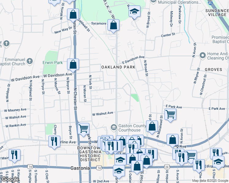 map of restaurants, bars, coffee shops, grocery stores, and more near 613 North Logan Street in Gastonia