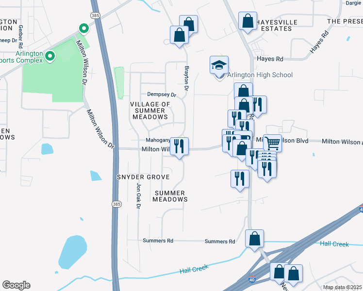 map of restaurants, bars, coffee shops, grocery stores, and more near 11678 Milton Wilson Drive in Arlington