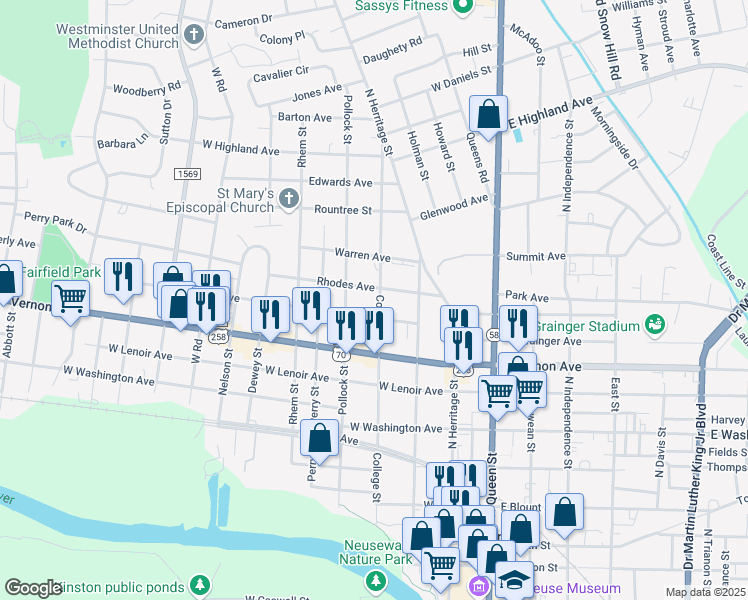 map of restaurants, bars, coffee shops, grocery stores, and more near 908 College Street in Kinston