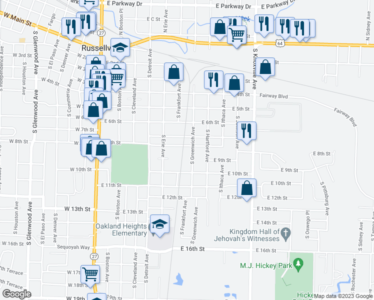 map of restaurants, bars, coffee shops, grocery stores, and more near 614 East 8th Street in Russellville