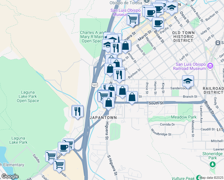 map of restaurants, bars, coffee shops, grocery stores, and more near 236 Higuera Street in San Luis Obispo