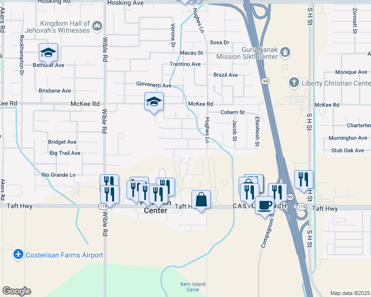 map of restaurants, bars, coffee shops, grocery stores, and more near 2702 Karrie Lynn Drive in Bakersfield