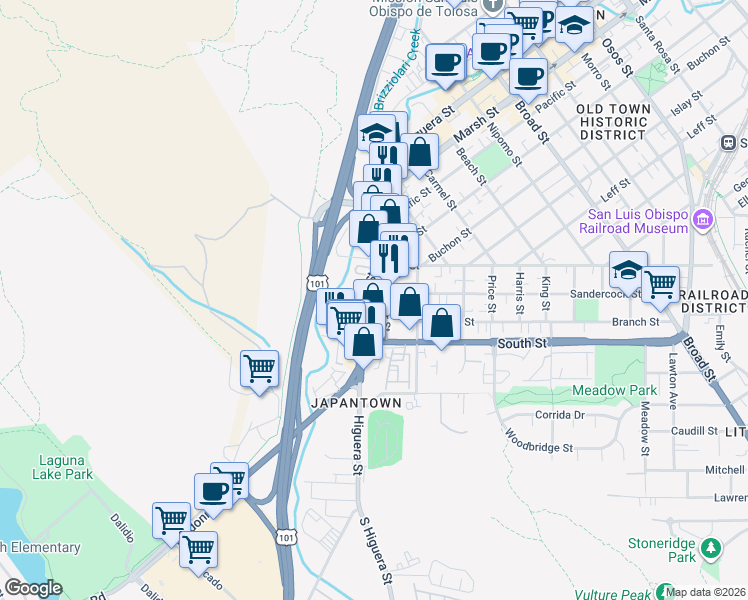 map of restaurants, bars, coffee shops, grocery stores, and more near in San Luis Obispo