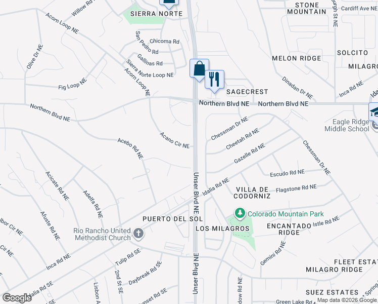 map of restaurants, bars, coffee shops, grocery stores, and more near 805 Acano Circle Northeast in Rio Rancho