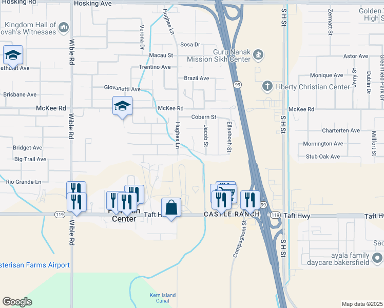 map of restaurants, bars, coffee shops, grocery stores, and more near 2401 Donnalynn Street in Bakersfield