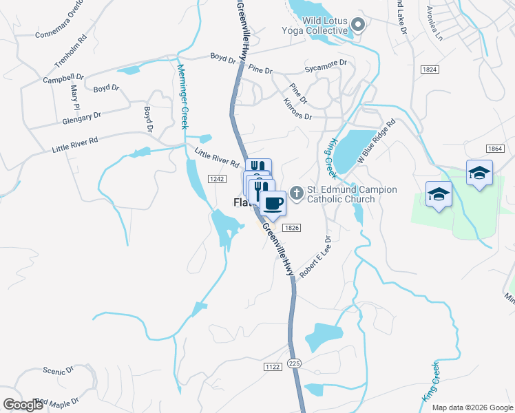 map of restaurants, bars, coffee shops, grocery stores, and more near 2710 North Carolina 225 in Flat Rock