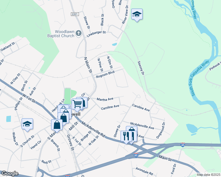 map of restaurants, bars, coffee shops, grocery stores, and more near 120 North Pine Street in Belmont