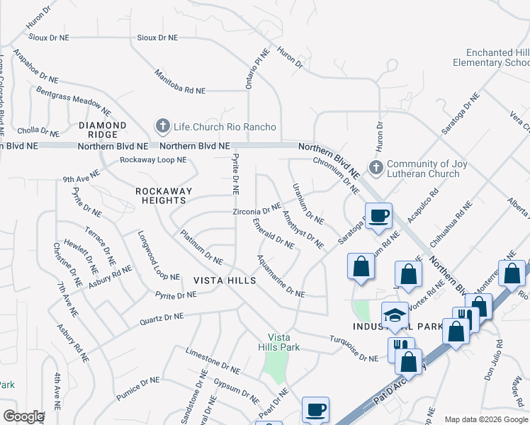 map of restaurants, bars, coffee shops, grocery stores, and more near 4710 Zirconia Drive Northeast in Rio Rancho