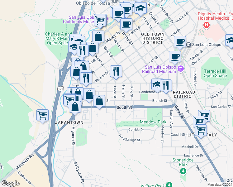 map of restaurants, bars, coffee shops, grocery stores, and more near 355 Sandercock Street in San Luis Obispo