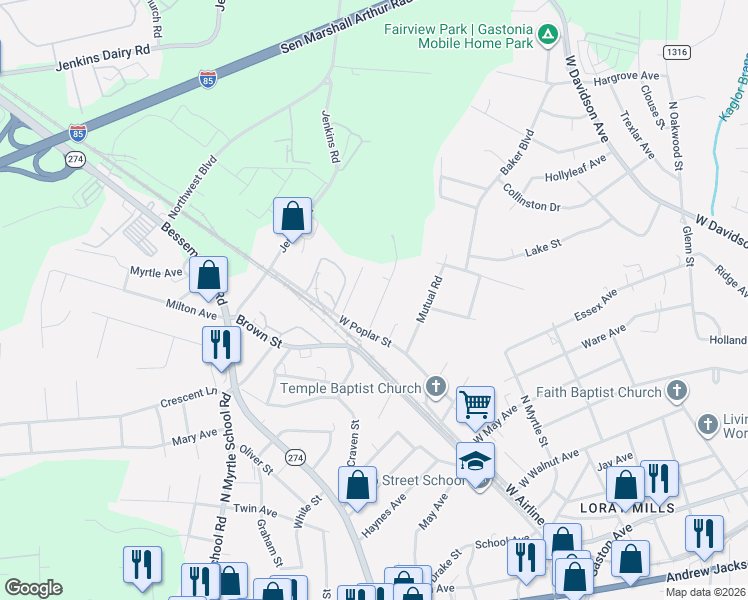 map of restaurants, bars, coffee shops, grocery stores, and more near 417 Beech Street in Gastonia