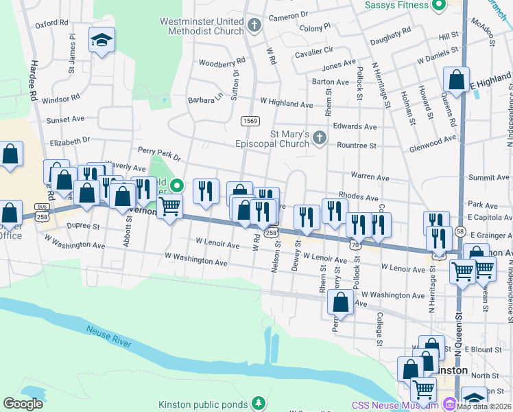 map of restaurants, bars, coffee shops, grocery stores, and more near 806 West Road in Kinston