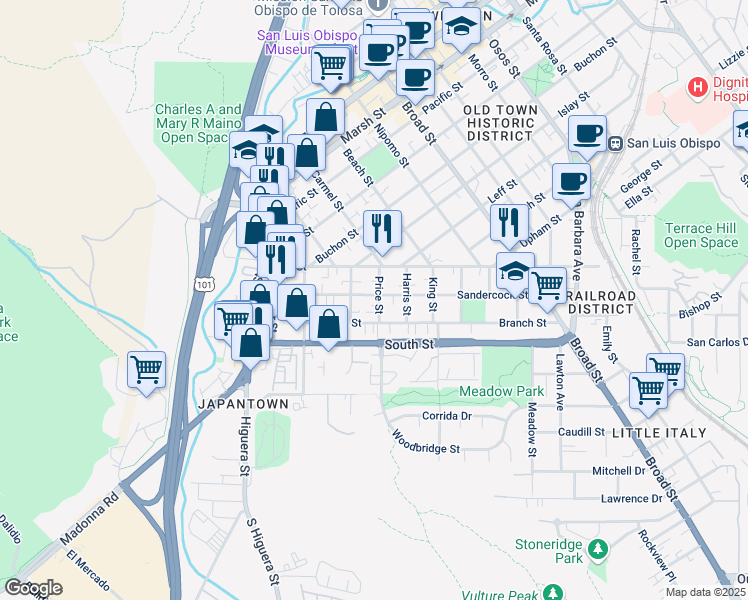 map of restaurants, bars, coffee shops, grocery stores, and more near 2103 Price Street in San Luis Obispo