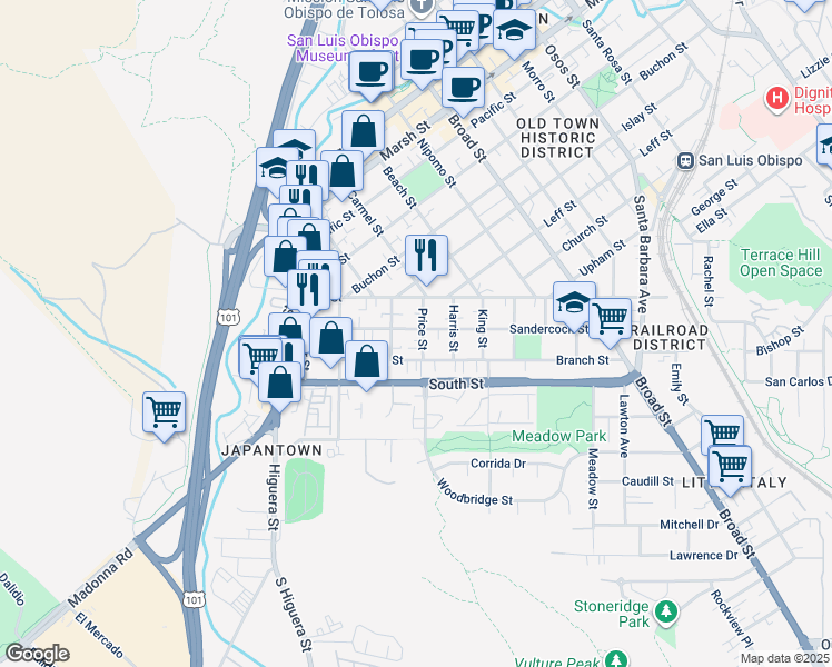 map of restaurants, bars, coffee shops, grocery stores, and more near 2103 Price Street in San Luis Obispo