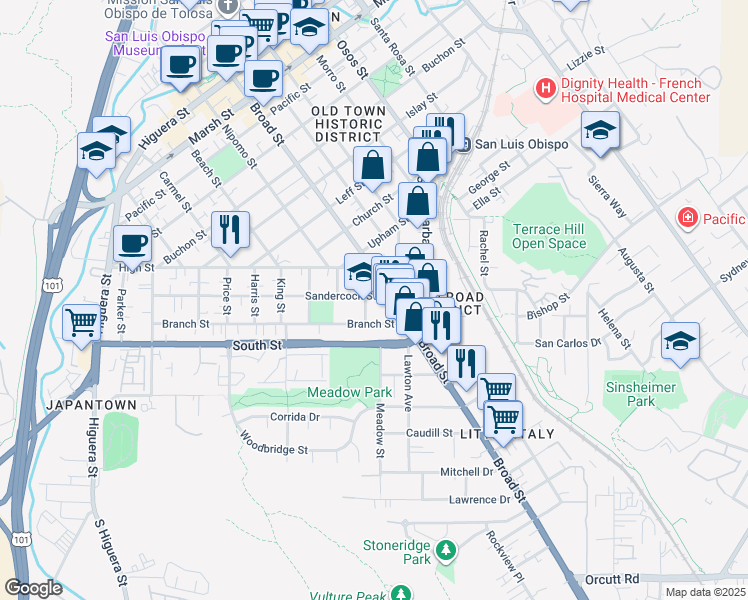 map of restaurants, bars, coffee shops, grocery stores, and more near 661 Sandercock Street in San Luis Obispo