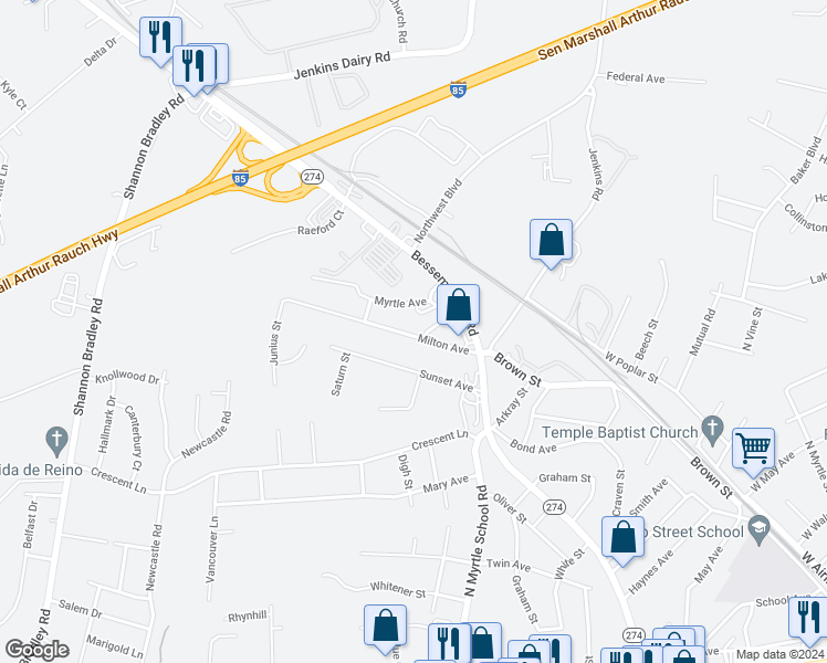 map of restaurants, bars, coffee shops, grocery stores, and more near 2408 Milton Avenue in Gastonia
