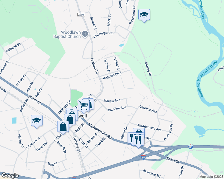 map of restaurants, bars, coffee shops, grocery stores, and more near 120 North Pine Street in Belmont