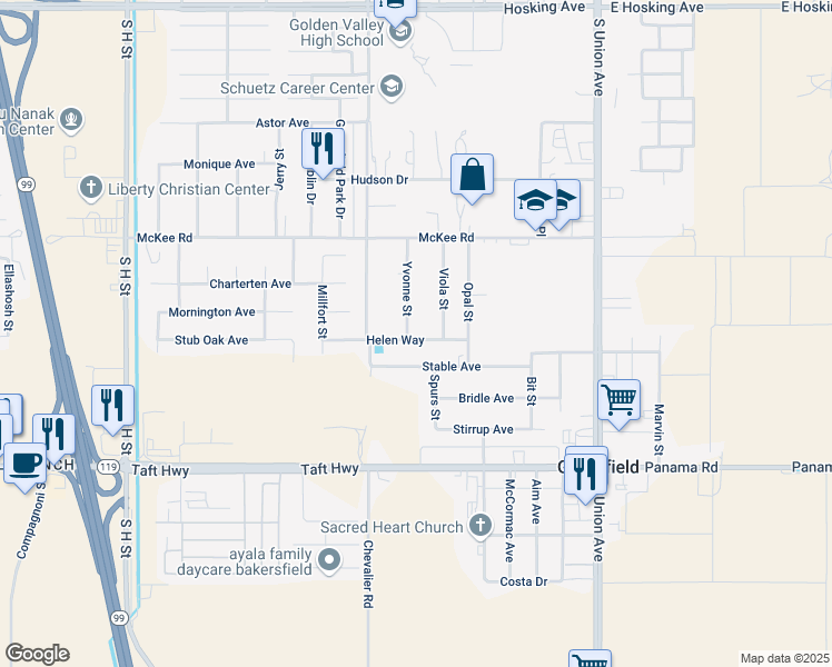 map of restaurants, bars, coffee shops, grocery stores, and more near 9212 Yvonne Street in Bakersfield