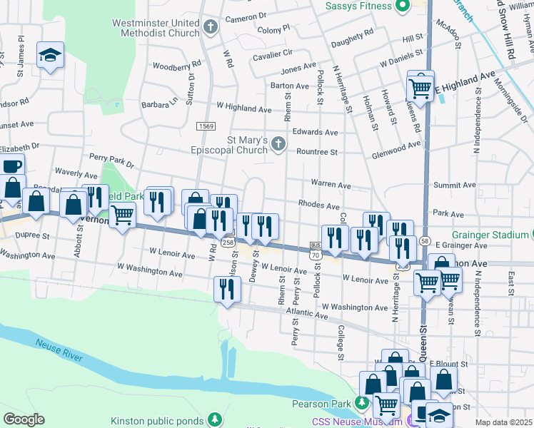 map of restaurants, bars, coffee shops, grocery stores, and more near 901 Dewey Street in Kinston